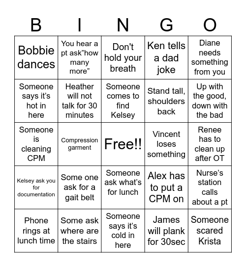 Physical Therapy Bingo Card