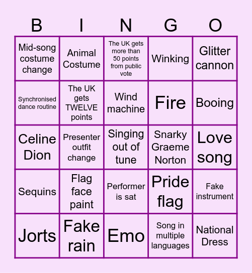 Eurosvision 2025 Bingo Card