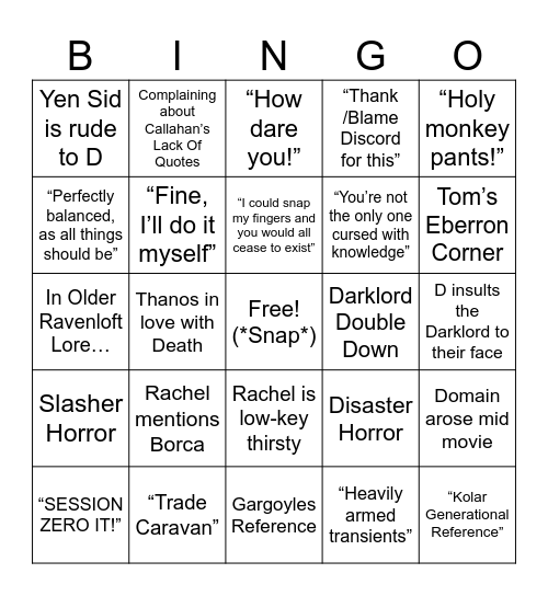 WWoDL: Thanos Bingo Card