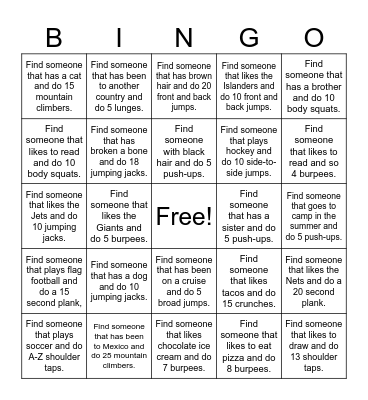 Fitness Fun Bingo Card Bingo Card