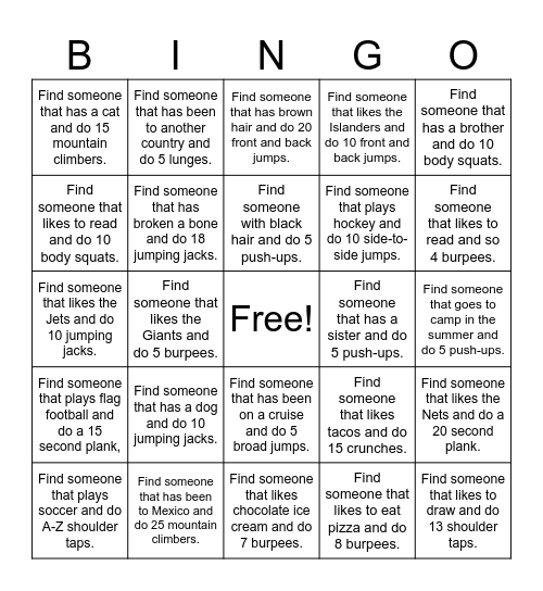 Fitness Fun Bingo Card Bingo Card