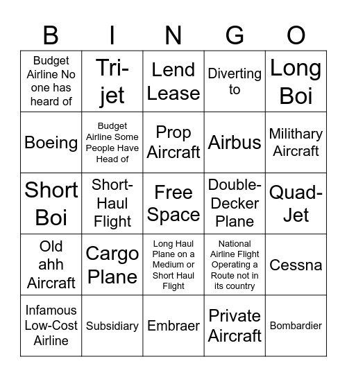 FlightRadar24 Bingo Sheet Bingo Card