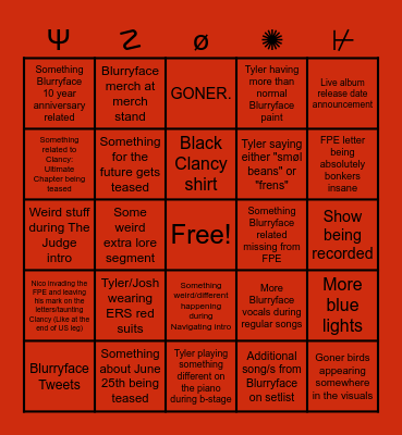 Clancy Tour Finale Bingo Card