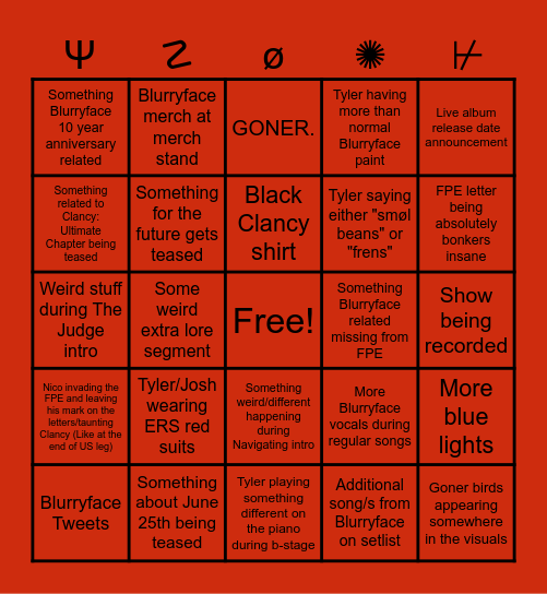 Clancy Tour Finale Bingo Card