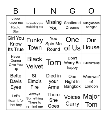 One Hit Wonders Bingo Card