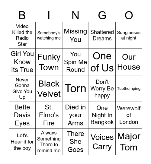 One Hit Wonders Bingo Card