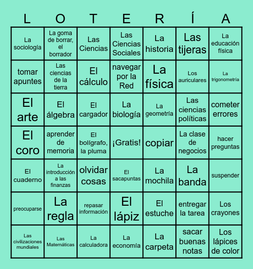 En la escuela Bingo Card