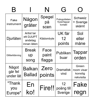 Eurovision Bingo Card