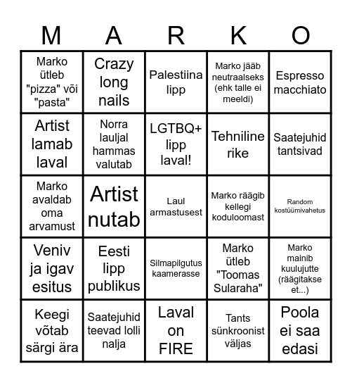 Eurovision 2025 Bingo Card