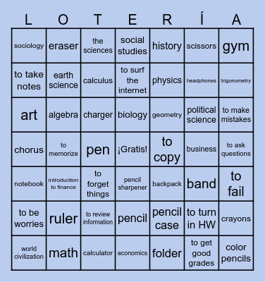 En la escuela (inglés) Bingo Card