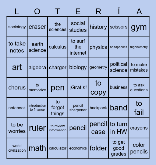 En la escuela (inglés) Bingo Card