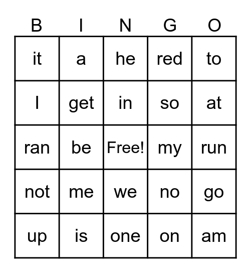 Sight Words Bingo Card