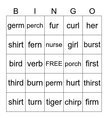 (-er, -ur, and -ir) BINGO Card