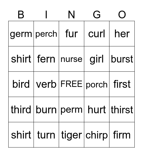 (-er, -ur, and -ir) BINGO Card