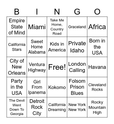 Songs About Places Bingo Card