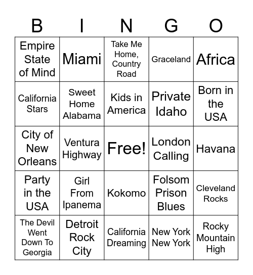 Songs About Places Bingo Card
