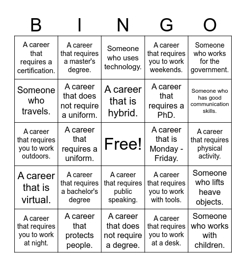 College and Career Day Bingo Card