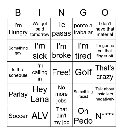 Things The Guys Say Bingo Card