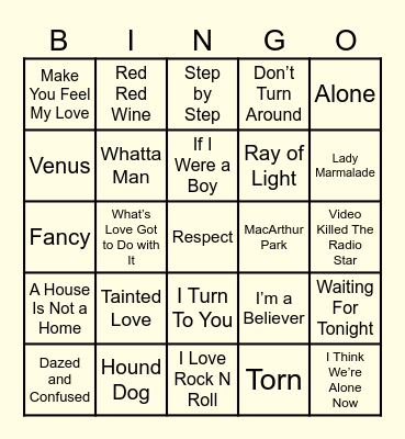 Cover Song Musical Bingo Card