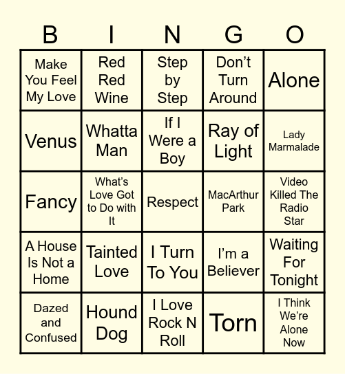 Cover Song Musical Bingo Card