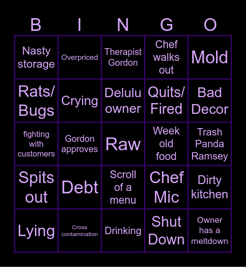 Kitchen Nightmare Bingo Card