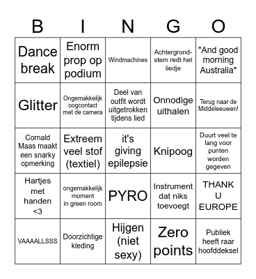 Eurovisie 2025 Bingo Card