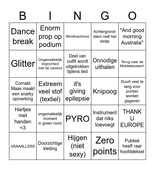 Eurovisie 2025 Bingo Card