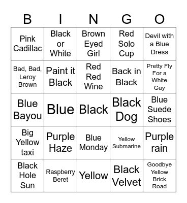 Songs with a Color in the title Bingo Card