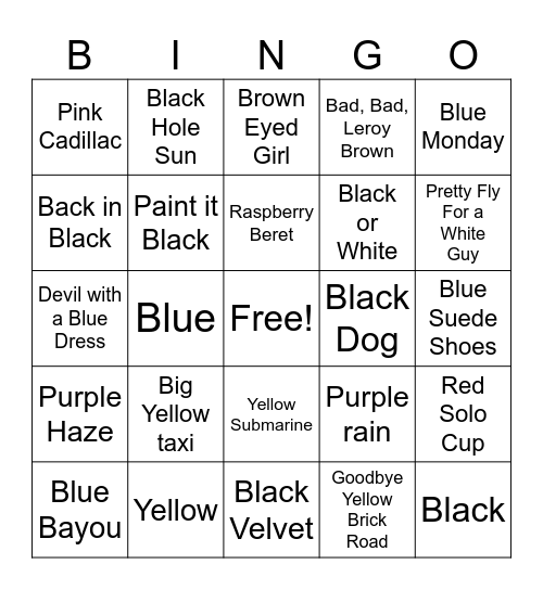 Songs with a Color in the title Bingo Card