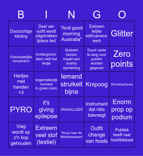 Eurovisie 2025 Bingo Card