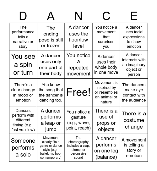 Ms Cronin's Dance BINGO Card
