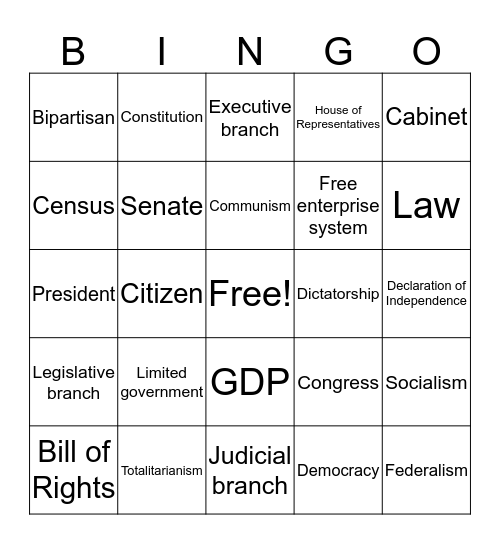 U.S. GOVERNMENT Bingo Card