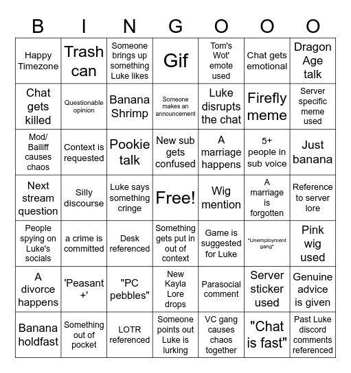 Luke Dale's Server Discord Bingo Card