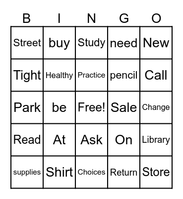 Vocabulary Bingo Card
