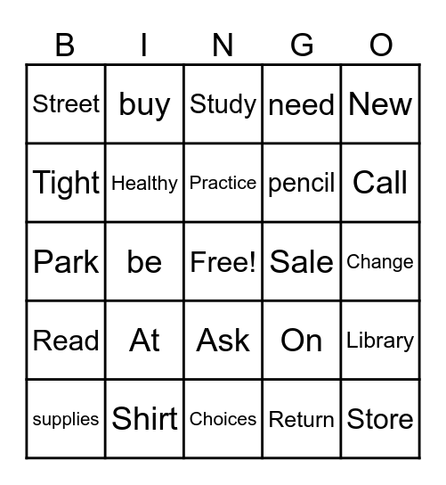 Vocabulary Bingo Card