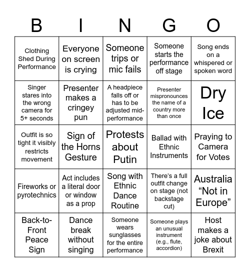 Eurovision Bingo Card
