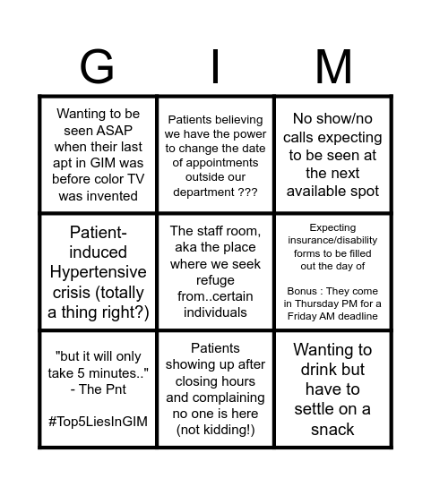 Passive aggressive GIM Bingo Card