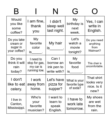 ESL BINGO Card