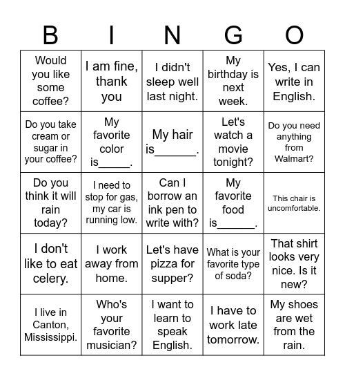 ESL BINGO Card