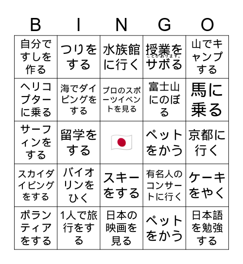 V(た)ことがあります Bingo Card