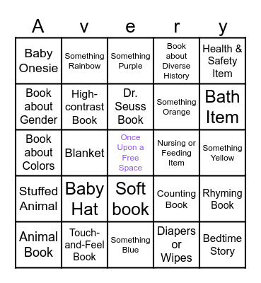 Avery's Shower Bingo Card