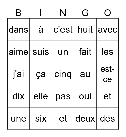 Les Mots Utiles (1-40) Bingo Card