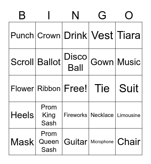 Prom Night Bingo Card