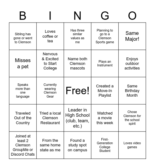 Clemson Leader Bingo Card