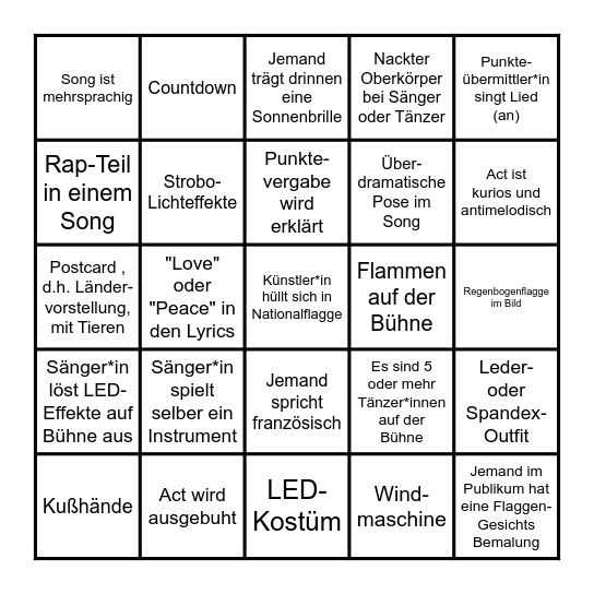 ESC 2025 Bingo (deutsch) Bingo Card