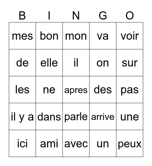 Mots fréquents 2 Bingo Card