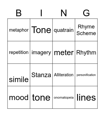 Poetry Bingo Card