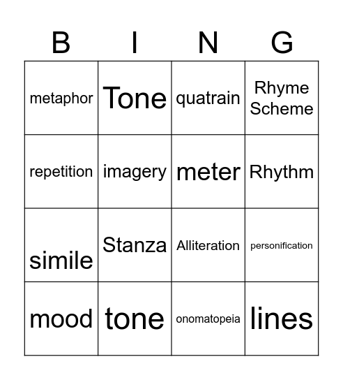 Poetry Bingo Card