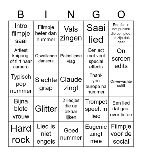 Eurovisie Bingo Card