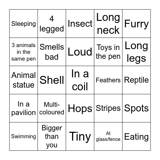 Toronto Zoo Find Bingo Card